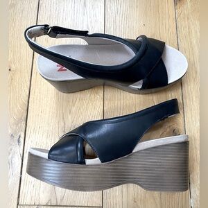 National Comfort Leather Black Sling Back Wedges, womans shoes